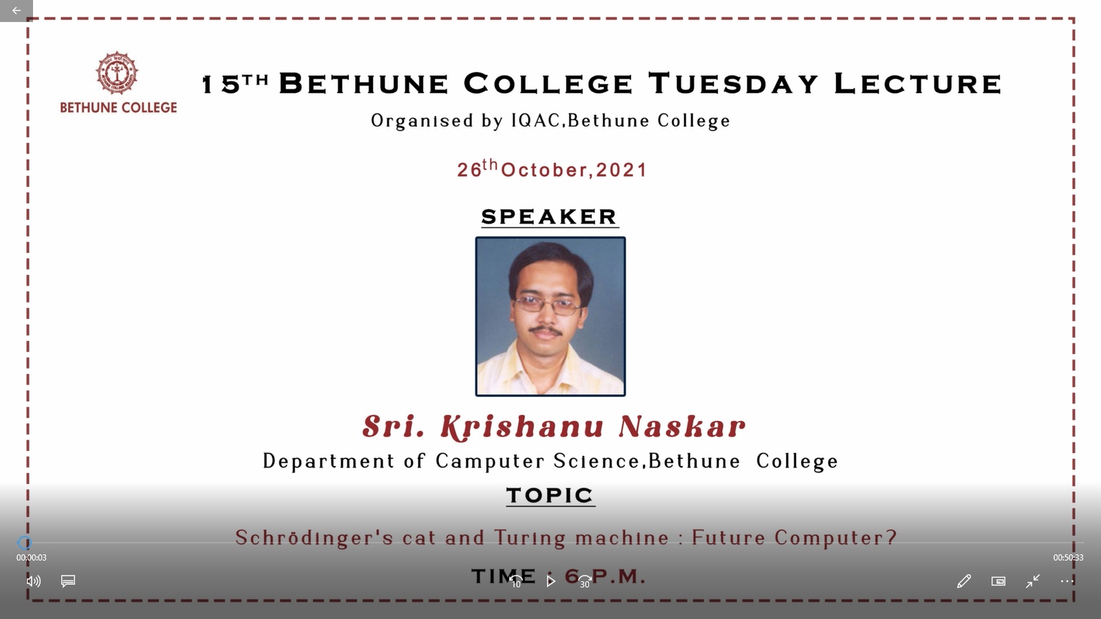 Tuesday Lecture 15 : 26 Oct 2021